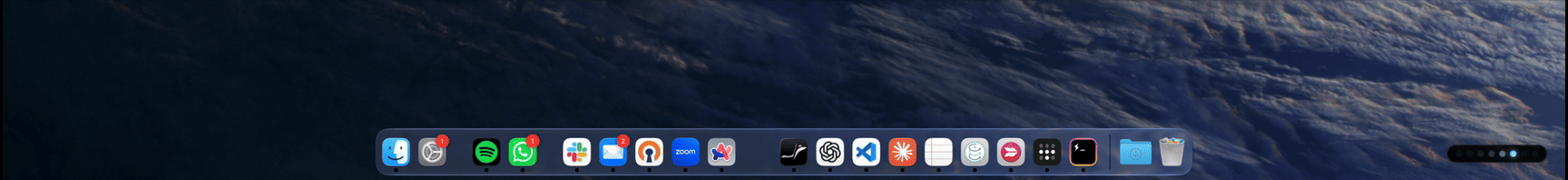 A macOS desktop with the Dock at the bottom center and AI Pulse animating a cyan comet in the empty space to its right